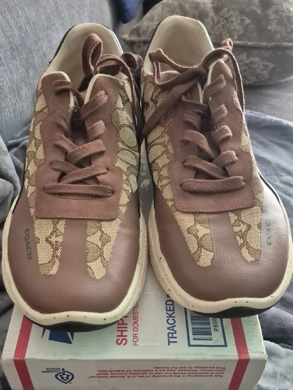 Coach Signature Runner Sneakers Men’s Size 13 Brown Leather And Tan Fabric - Picture 2 of 6